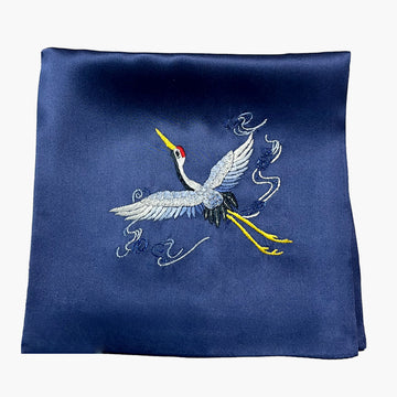 Suzhou Embroidery Silk Pocket Square, Flying Crane Navy Blue